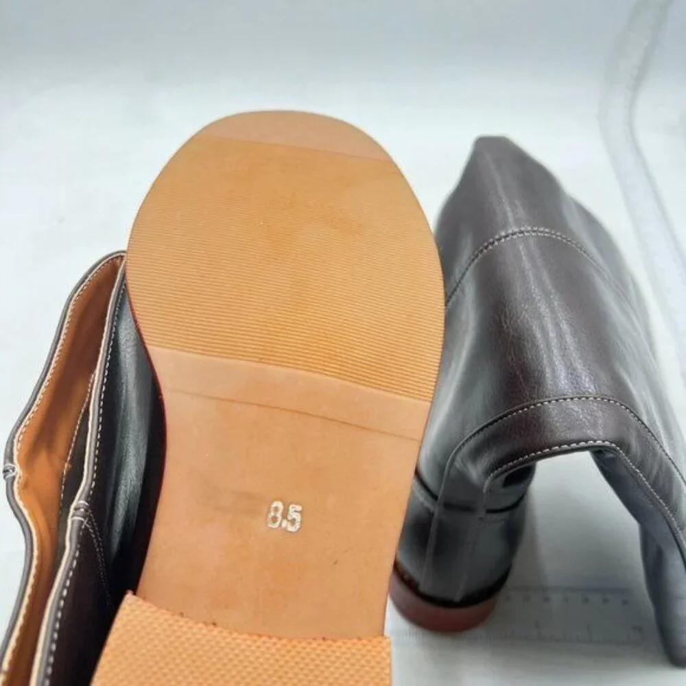 FOWT Women Platform Round Toe Calf High Boots Chunky Block Low Heel Brown Shoes